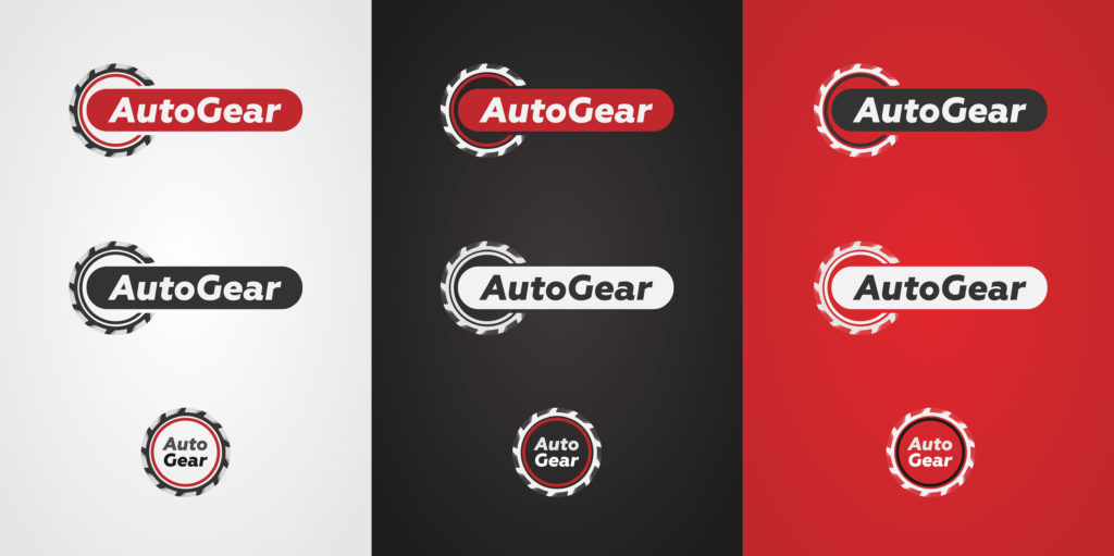 Логотип AutoGearSPB в цветном и монохромном виде, на разных фонах, а также в полном и в сокращенном виде